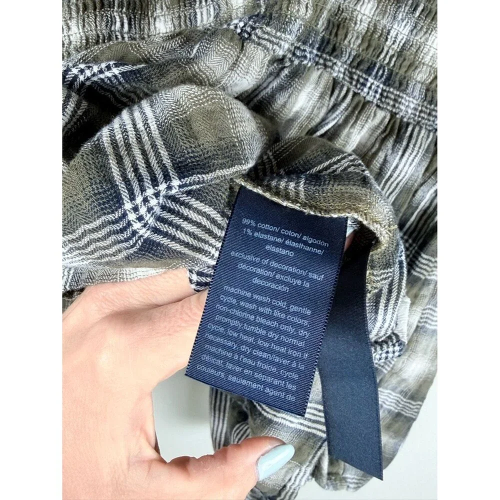 Tommy Jeans Plaid Smocked Babydoll Top Medium Puff Sleeve